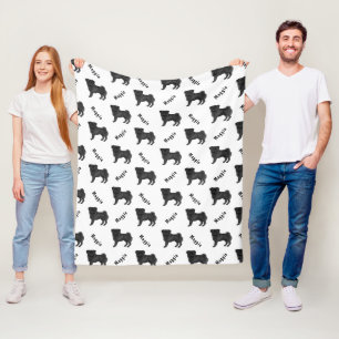 Zwarte Cartoon Pug Dog Met Dog's Naam Patroon Fleece Deken