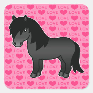Zwarte Cartoon Shetland Pony Liefdes Hartjes Vierkante Sticker