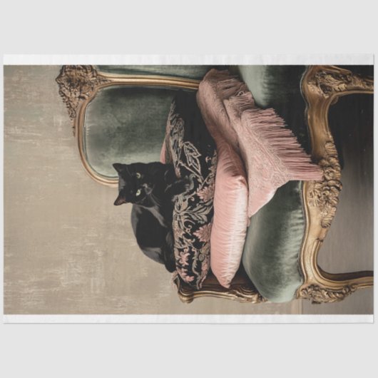 Zwarte Cat Barok  Stoel Roze & Groen Tissuepapier (Voorkant)