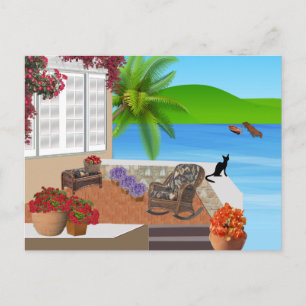 ZWARTE CAT BEACH PATIO 002 HAPPY VACATION BACKGROU BRIEFKAART