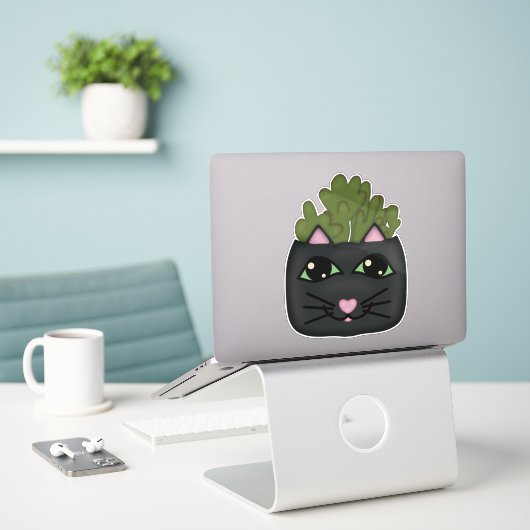 Zwarte Cat Jade Plant Planter Sticker (Laptop op bureau)