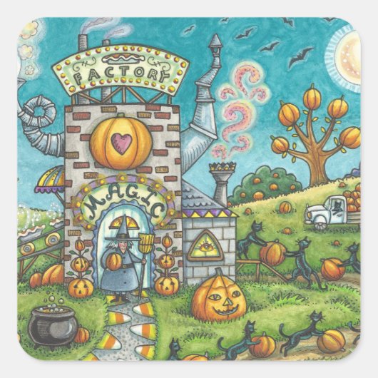 ZWARTE CAT, WITCH PUMPKIN PIE FACTORY STICKERS Squ (Voorkant)