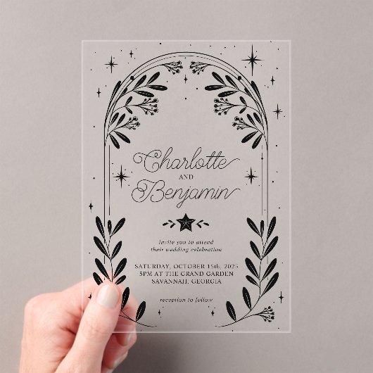 Zwarte Celestial Sterrenbloem Bloemboog bruiloft Acryl Uitnodigingen (Insitu (Draagbaar))