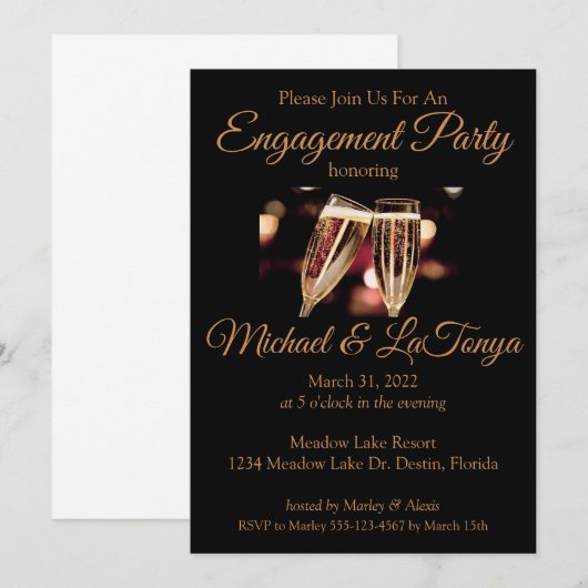 Zwarte Champagne Engagement Party Kaart (Voorkant / Achterkant)