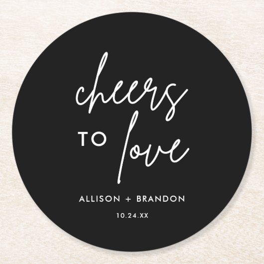 Zwarte Cheers To Love Persoonlijke Trouwdag Ronde Kartonnen Onderzetter (Voorkant)