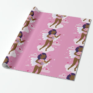 Zwarte cherub Afrikaanse engel harp harten wolken Cadeaupapier