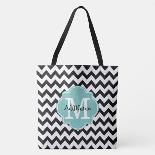 Zwarte Chevron Aqua Monogram & Persoonlijke naam Tote Bag (Voorkant)