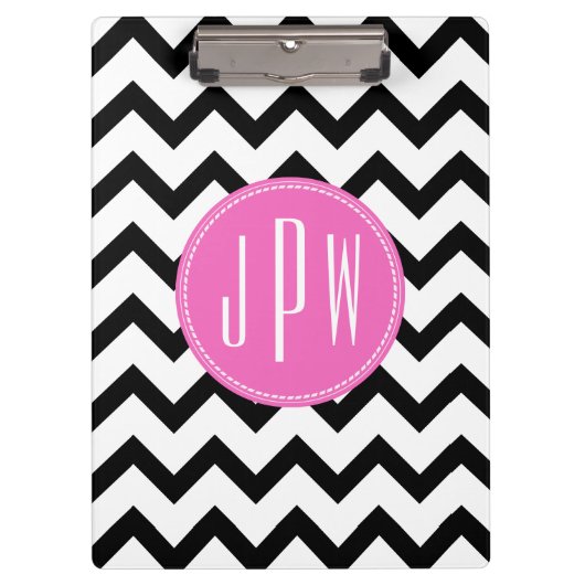Zwarte Chevron en roze monogram Klembord (Voorkant)