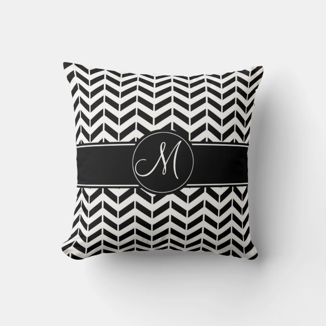 Zwarte Chevron Geometric met aangepast monogram Kussen (Voorkant)