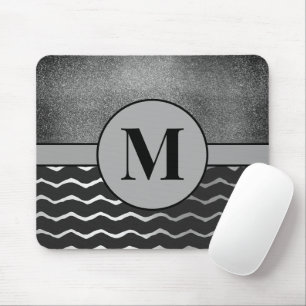 Zwarte Chevron Zilveren Glitter Monogram Initiaal Muismat