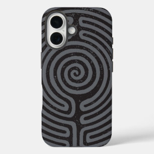 Zwarte cirkel labyrint (grijs) Fine Art iPhone 16 Hoesje