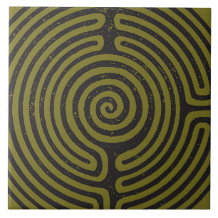 Zwarte cirkel labyrint (olijf) Fine Art Tegeltje