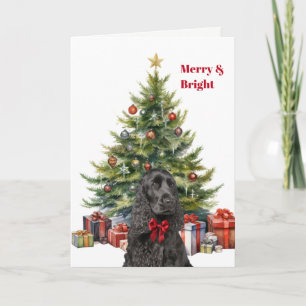 Zwarte Cocker Spaniel hond met rode strik Kerstboo Feestdagen Kaart