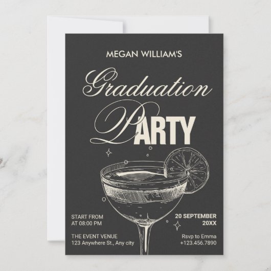 Zwarte  cocktail afstudeerfeest kaart (Voorkant)