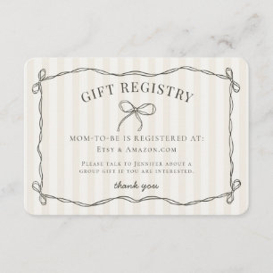 Zwarte Coquette Bow Beige Baby shower Registry Informatiekaartje