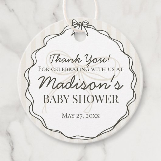 Zwarte Coquette Bow Beige Gestreept Baby shower Bedankjes Labels (Voorkant)