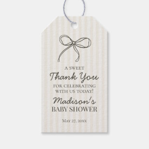 Zwarte Coquette Bow Beige Gestreepte Baby shower F Cadeaulabel