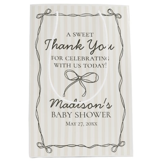 Zwarte Coquette Bow Beige Gestreepte Baby shower F Medium Cadeauzakje (Voorkant)