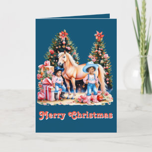 Zwarte Cowgirl Winterlandschap Paard Prettig Kerst Feestdagen Kaart