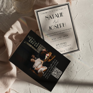 Zwarte Crème Chique Oude Rijke QR Code Foto Huweli Kaart