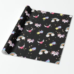 Zwarte Cute Regenboog Eenhoorn Ster Magisch Cadeaupapier
