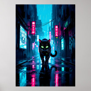 Zwarte Cyberpunk Kat In Neon Regenachtige Stad Poster