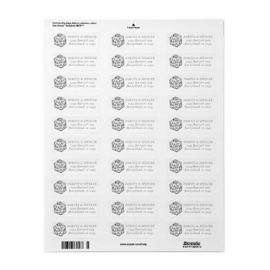 Zwarte D20-rit | RPG Tabletop Fantasy Dice Address Etiket (Full Sheet)