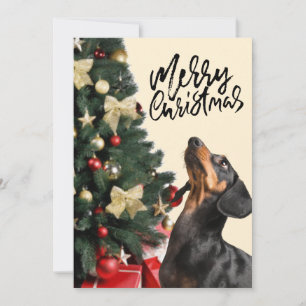 Zwarte Dachshund die naar Kerstboom Kerstmis kijkt Feestdagenkaart