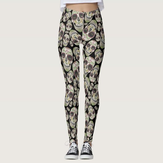 Zwarte Dag van het dode Skulls Pattern Leggings (Voorkant)