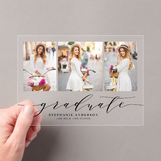 Zwarte Dainty Script Drie Foto Afstuderen Acryl Uitnodigingen (Insitu (Draagbaar))