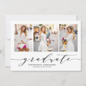 Zwarte Dainty Script Drie Foto Afstuderen Kaart (Voorkant)