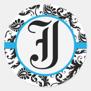 Zwarte Damast Aquamarijne Afwerking Huwelijkszegel Ronde Sticker