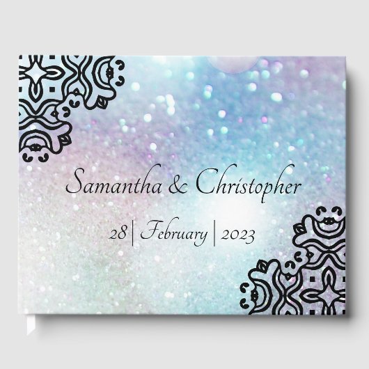 Zwarte Damast Kant en Pastel Glitters Bruiloft Gastenboek (Voorkant)