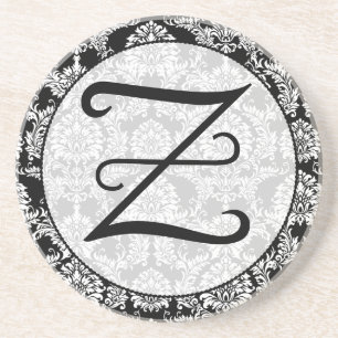 Zwarte Damast Monogram Gepersonaliseerde Onderzett Zandsteen Onderzetter