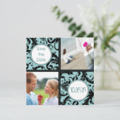 Zwarte Damast op Aqua Trouw Save the Date (Staand voorkant)