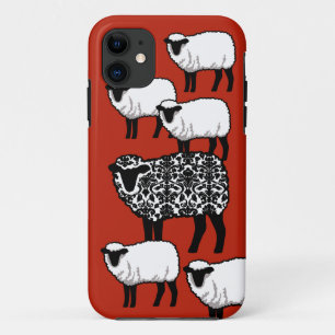 Zwarte Damast Schapen op Rood iPhone 11 Hoesje