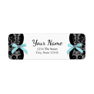 Zwarte Damast Turquoise Blauwe Strik Retour Adres Etiket