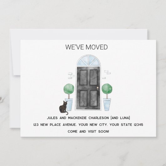 Zwarte Deur en Kat We hebben Verhuisd Nieuw Huis Aankondiging (Voorkant)