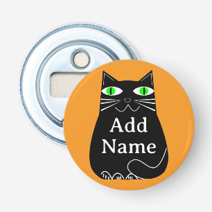 Zwarte dikke kat met groene ogen Aangepaste tekst Button Flesopener