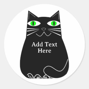 Zwarte dikke kat met groene ogen Aangepaste tekst Ronde Sticker