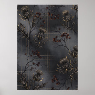 Zwarte Distel Rij Lijsterbes Gouden Tartan Botanis Poster