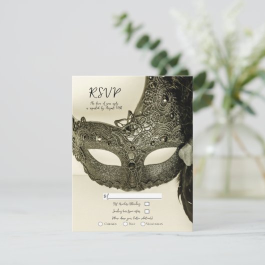  zwarte doder Masquerade Masker Wedding RSVP Kaart (Staand voorkant)