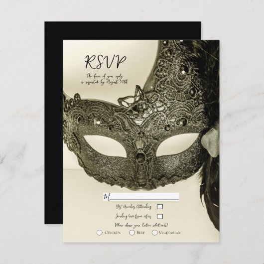 zwarte doder Masquerade Masker Wedding RSVP Kaart (Voorkant / Achterkant)