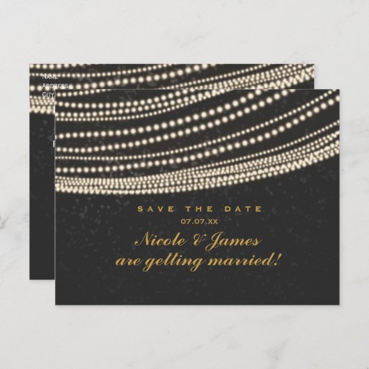 Zwarte donkere nachthemel en slingerlicht Save The Aankondigingskaart (Voorkant / Achterkant)