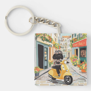 Zwarte Doodle Stepscooter Europese Stadsstraten Sleutelhanger