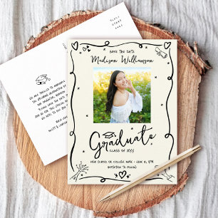 Zwarte Doodles Afstudeerdata Fotocream Uitnodiging Briefkaart