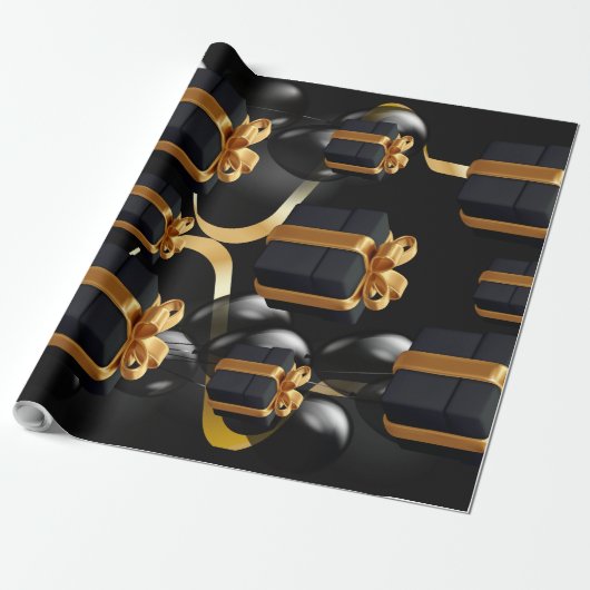 Zwarte doos met cadeaus en goudpit papier met pit (Uitgerold)