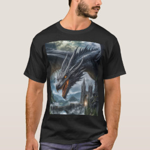 Zwarte Draak die een Gotisch Bergkasteel Bewaakt T-shirt