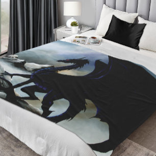 Zwarte Draak Fantasie Blauwe Bergen Fleece Deken