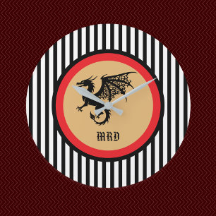 Zwarte Draak met Monogram in Zwarte Witte Strepen Grote Klok
